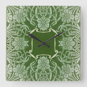 ヴィンテージバラ入りグリーン時計 スクエア壁時計