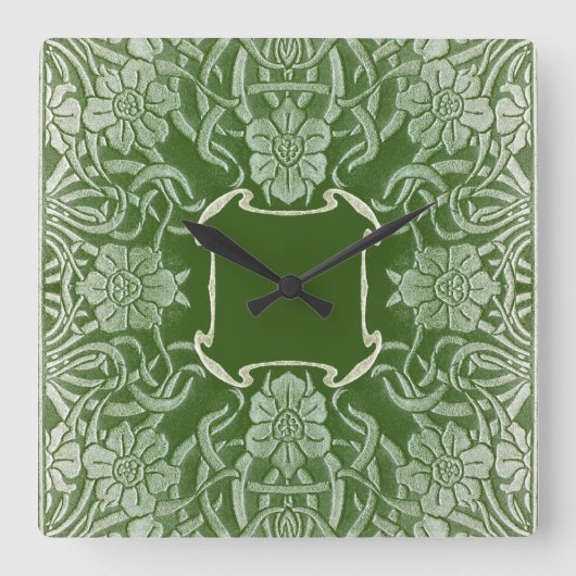 ヴィンテージバラ入りグリーン時計 スクエア壁時計 (正面)