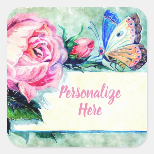 ヴィンテージバラ及びバタフライピンクグリーンブルー スクエアシール (正面)