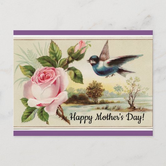 ヴィンテージバラ及び鳥 ポストカード (正面)