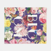 ヴィンテージバラ咲く花蝶バイオレット フリースブランケット (正面(横))