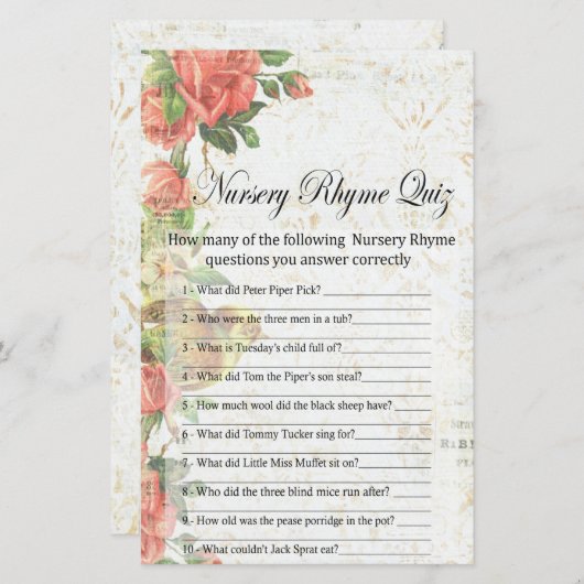 ヴィンテージバラ子供部屋ライムクイズベビーシャワーゲーム (正面/裏面)