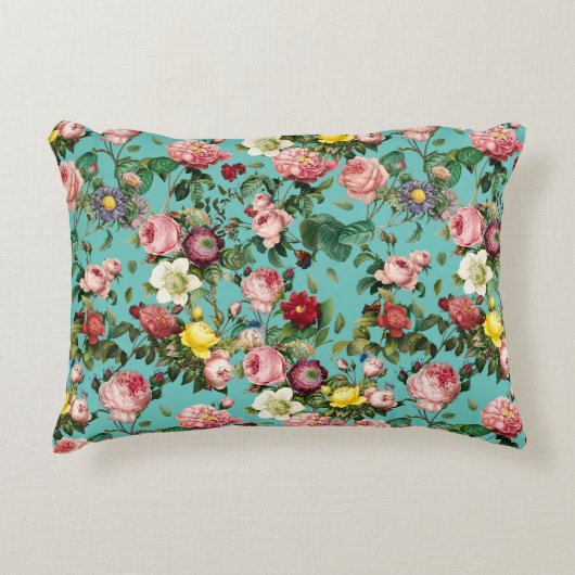 ヴィンテージバラ庭園ティール(緑がかった色)背景 アクセントクッション (正面)