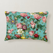 ヴィンテージバラ庭園ティール(緑がかった色)背景 アクセントクッション (裏面)