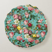ヴィンテージバラ庭園ティール(緑がかった色)背景 ラウンドクッション (裏面)