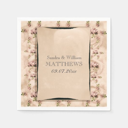 ヴィンテージバラ日付のナプキ結婚ンスを保存 スタンダードカクテルナプキン (正面)