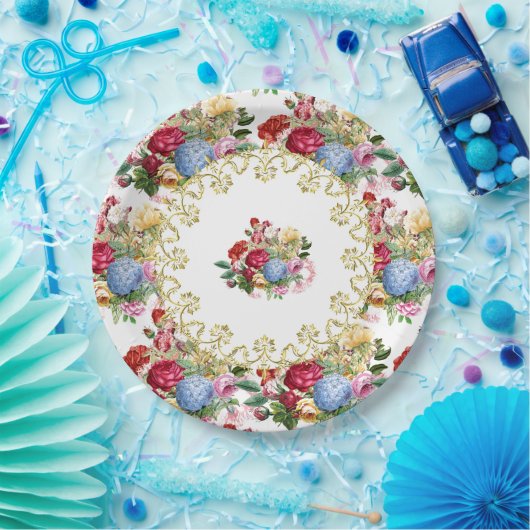 ヴィンテージバラ植物エレガント金ゴールド ペーパープレート (パーティー)