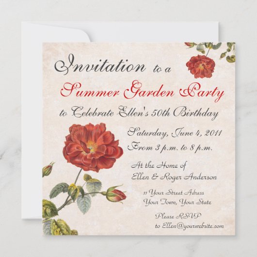 ヴィンテージバラ植物学誕生日ガーデンパーティー 招待状 (裏面)