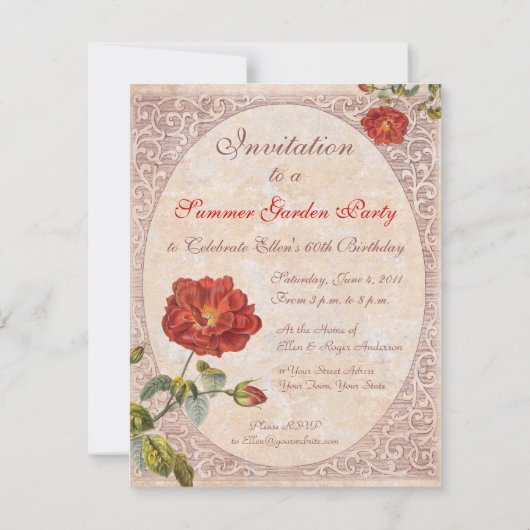 ヴィンテージバラ植物学誕生日ガーデンパーティー 招待状 (裏面)