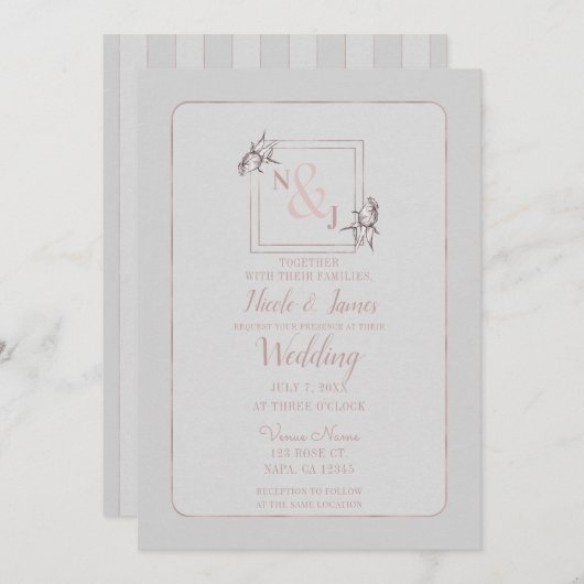 ヴィンテージバラ植物性ナチュラルピンク結婚金ゴールド 招待状 (正面/裏面)