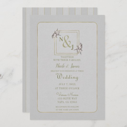 ヴィンテージバラ植物自然素朴金ゴールド結婚ズ 招待状 (正面/裏面)