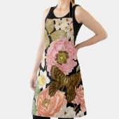 ヴィンテージバラ牡丹：黒色花柄 エプロン (インサイチュ)