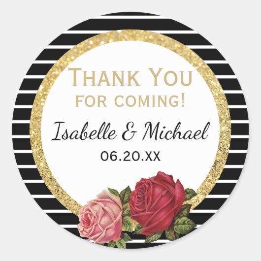 ヴィンテージバラ白黒サンキュー結婚のステッカー ラウンドシール (正面)