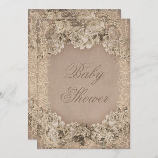 ヴィンテージバラ真珠とレース赤ちゃんシャワー 招待状 (正面/裏面)