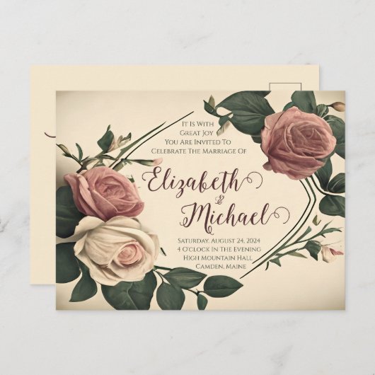 ヴィンテージバラ結婚式招待状はがき ポストカード (正面/裏面)