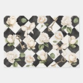 ヴィンテージバラ花白黒ダイヤモンドパターン ラッピングペーパーシート (正面)