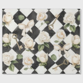 ヴィンテージバラ花白黒ダイヤモンドパターン ラッピングペーパー (フラット)