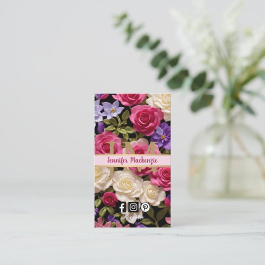 ヴィンテージバラ花金ゴールドかわいらしピンク紫 名刺 (スタンド正面)