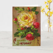ヴィンテージバラ誕生日挨拶 カード (黄色い花)
