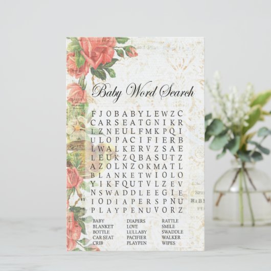 ヴィンテージバラ赤ちゃんシャワー語検索ゲーム (スタンド正面)