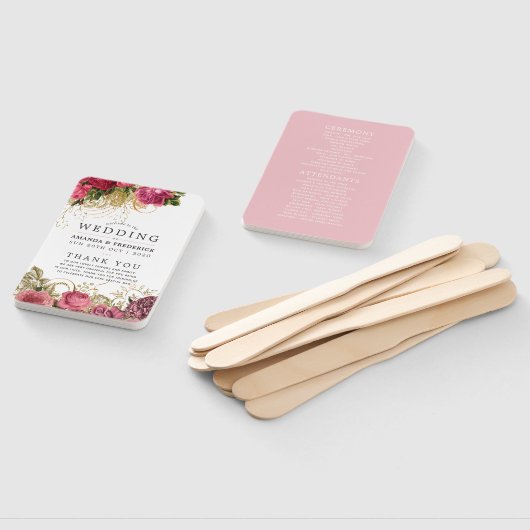 ヴィンテージバラ金ゴールドおよび赤面シャビー結婚式 プログラム ハンドファン (組立なし)