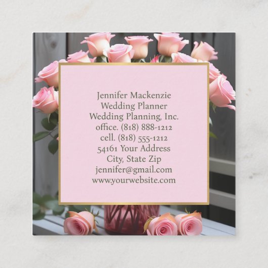 ヴィンテージバラ金ゴールドかわいらしピンク スクエア名刺 (裏面)