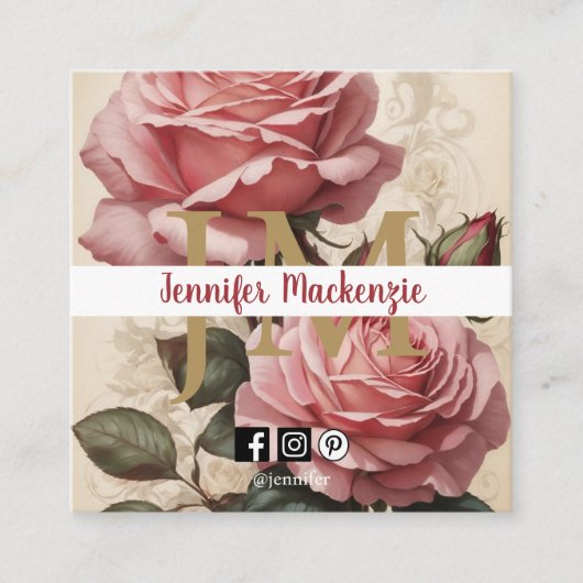 ヴィンテージバラ金ゴールドかわいらしピンク スクエア名刺 (正面)