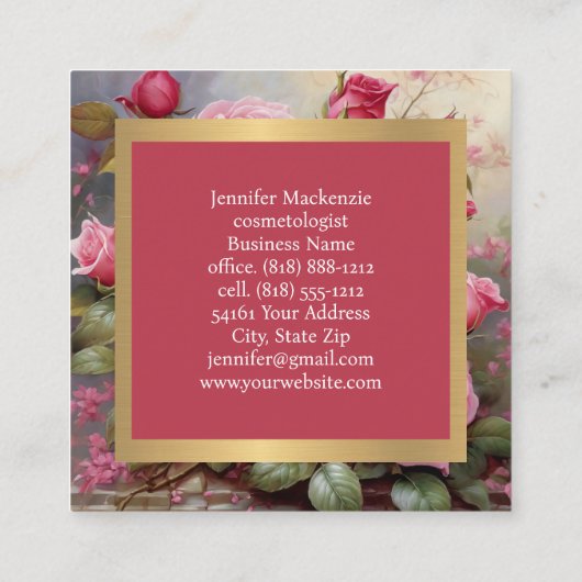 ヴィンテージバラ金ゴールドかわいらしピンク スクエア名刺 (裏面)