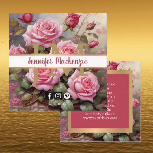 ヴィンテージバラ金ゴールドかわいらしピンク スクエア名刺