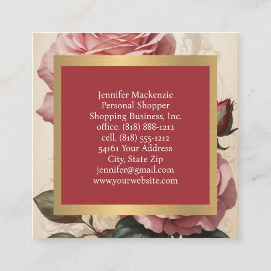 ヴィンテージバラ金ゴールドかわいらしピンク スクエア名刺 (裏面)