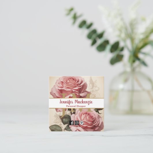 ヴィンテージバラ金ゴールドかわいらしピンク スクエア名刺 (スタンド正面)