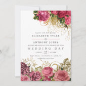 ヴィンテージバラ金ゴールドと赤面シャビーフローラ結婚ズ 招待状 (正面)