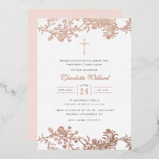 ヴィンテージバラ金ゴールドクロスガールズファースト聖餐式 箔招待状 (正面/裏面)