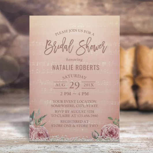 ヴィンテージバラ金ゴールドフローラ音楽ブライダルシャワー 招待状