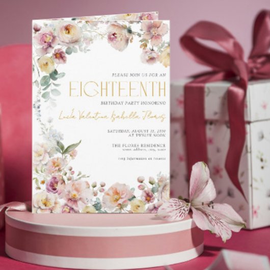 ヴィンテージバラ金ゴールド花ろうそく18誕生日QR 招待状