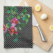 ヴィンテージバラ黒/白ポルカドット キッチンタオル (四つ折り)