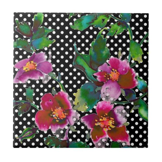 ヴィンテージバラ黒/白ポルカドット タイル (正面)