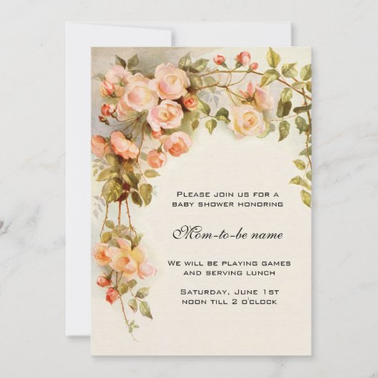 ヴィンテージバラ、アンティーク花、フローラ赤ちゃんシャワー 招待状 (正面)