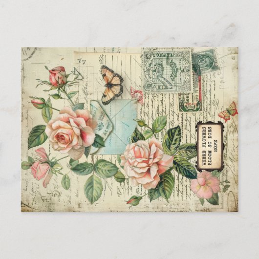 ヴィンテージバラ&バタフライボタニカルエフェメラ ポストカード (正面)