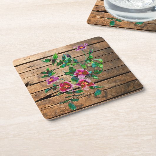 ヴィンテージバラ – 木の板 スクエアペーパーコースター (アングル)