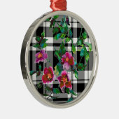 ヴィンテージバラ – 白黒の格子縞 メタルオーナメント (右)