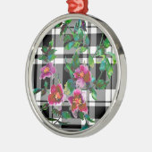 ヴィンテージバラ – 白黒の格子縞 メタルオーナメント (左)