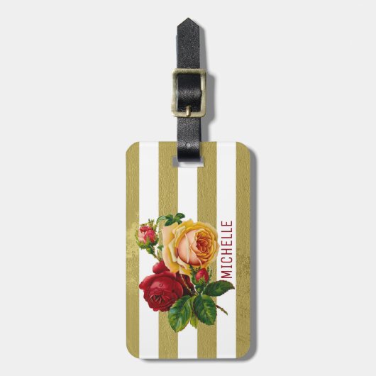 ヴィンテージバラ、金ゴールドストライプラッパーソナライズされたグタグ ラゲッジタグ (正面縦)
