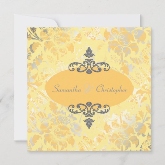 ヴィンテージバラ+黄色/灰色招待状 招待状 (正面)