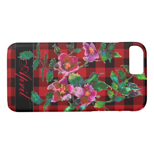 ヴィンテージバラ – 黒と赤の格子縞モノグラムの- Case-Mate iPhoneケース (裏面(横))