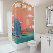 ヴィンテージバルセロナビーチポスター シャワーカーテン (インサイチュ)