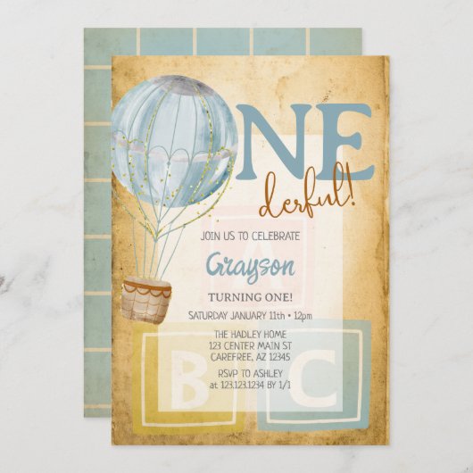 ヴィンテージバルーン1st誕生日招待状 招待状 (正面/裏面)
