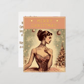 ヴィンテージバレリナクリスマステーマグリーティングレトロ 箔シーズンポストカード (正面/裏面)