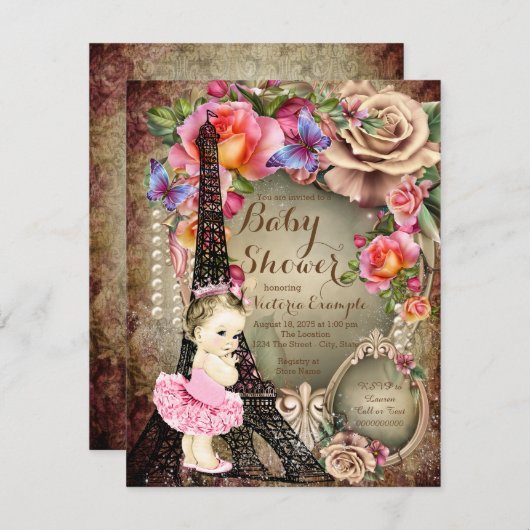 ヴィンテージバレリーナエッフェルタワーパリベビーシャワー 招待状 (正面/裏面)