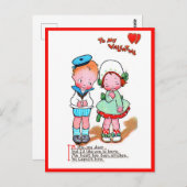 ヴィンテージバレンタインかわいい女の子&ハート付き男の子 ポストカード (正面/裏面)